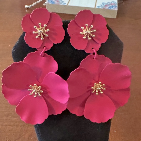Rose Pinkish Red, Double Flower Dangle, Gold Center, Boho, Vacation Earrings - Picture 7 of 8
